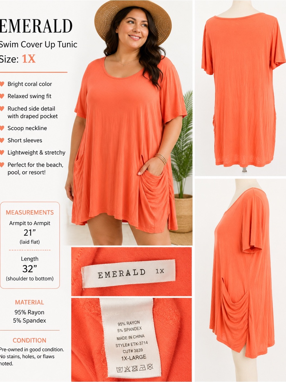 Emerald 1X Coral Swim Cover Up Tunic Ruched Pocket Plus Size
